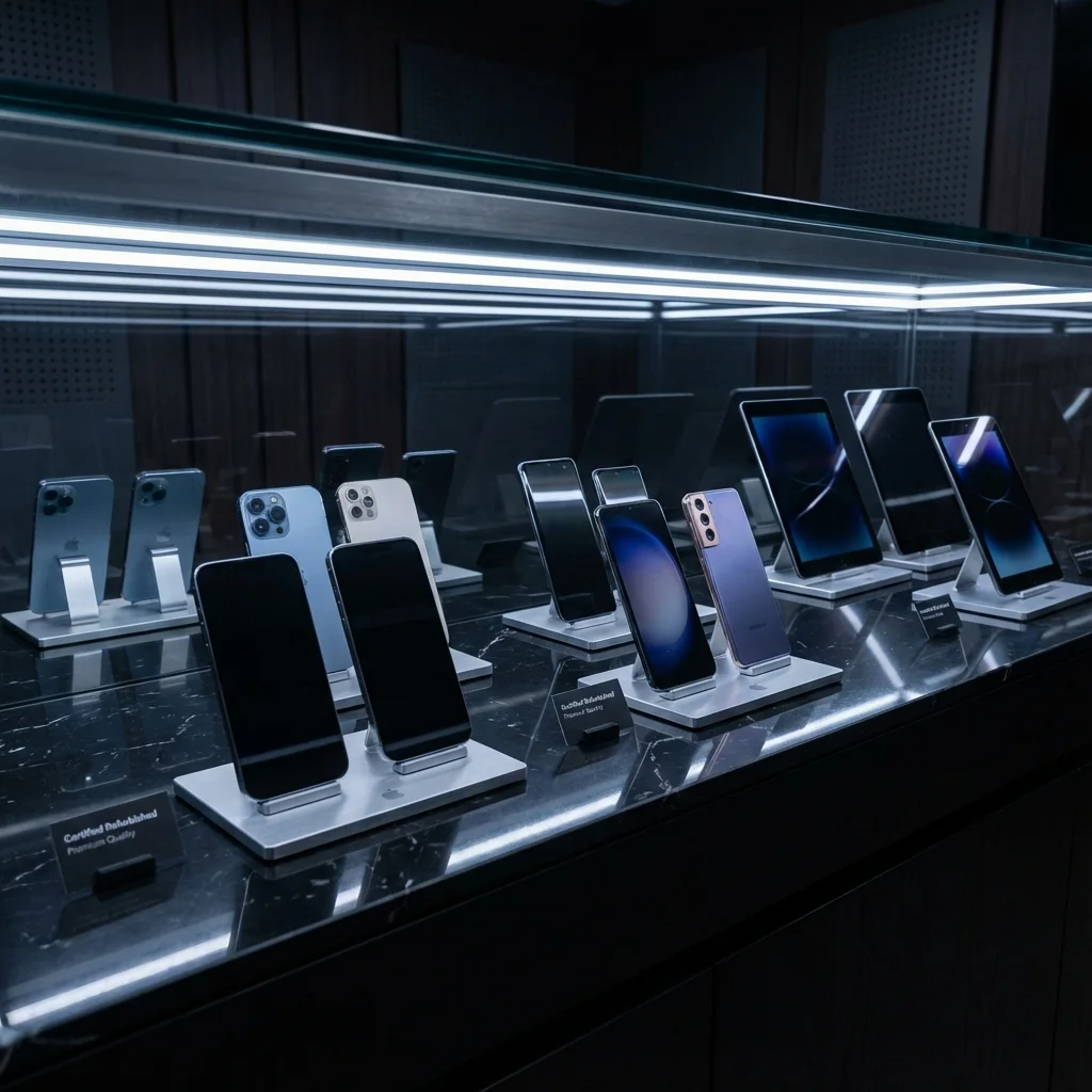 Certified refurbished smartphones on a sleek display